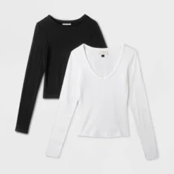 Women's 2pk Long Sleeve Shrunken Rib T-Shirt - Universal Thread™ White/Black -Hot Sale Universal Thread Shop GUEST 247dd87c 3f9f 42d2 aba2 82da81353f54