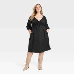 Women's Tie-Front Puff 3/4 Sleeve Midi Dress - Universal Thread™ -Hot Sale Universal Thread Shop GUEST 3444d1d9 2fac 4952 a65d b6266b5a485e