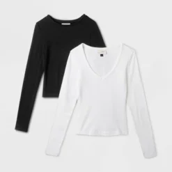 Women's 2pk Long Sleeve Shrunken Rib T-Shirt - Universal Thread™ White/Black -Hot Sale Universal Thread Shop GUEST 9454ecb2 4250 4b07 a359 dad972e05cf0